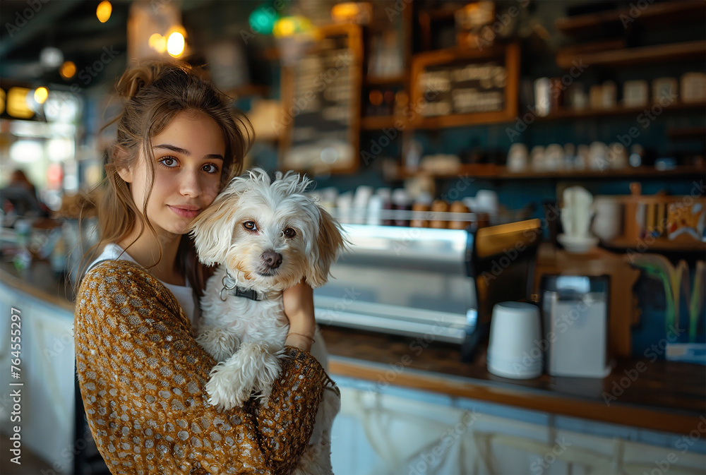 Cafe scene, woman holding her white dog Cafe scene, woman holding her white dog