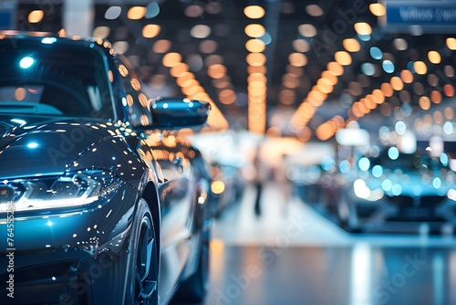Trade Exhibition Hall with Cars on Display: Capturing a Commercial Event Through a Blurred Image. Concept Trade Exhibition, Cars Display, Commercial Event, Blurred Image