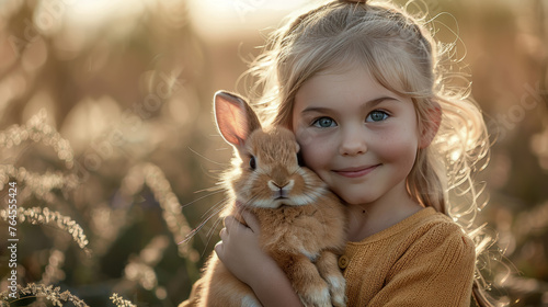 A little girl holds a cute bunny