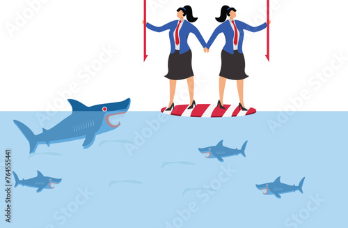 Working together through risks and crises, unity and trust, solving problems and troubles together, two businesswomen with harpoons standing on floating bills together against sharks in the wate