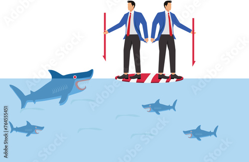 Working together through risks and crises, unity and trust, solving problems and troubles together, two businessmen with harpoons standing on floating bills together against sharks in the wate