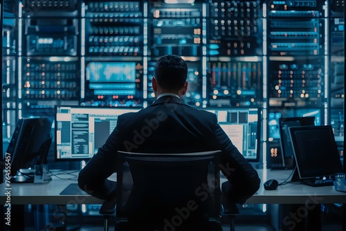 A security expert keeps watch over computer screens in a network operations center adjacent to a server room. Concept Network Security, Operations Center, Server Room, Monitoring Screens