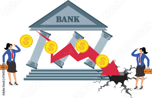 Subprime mortgage crisis, financial crisis or loan problems, bankruptcies, stock market losses, credit crisis and risk, businesswomen falling off broken and failing banks