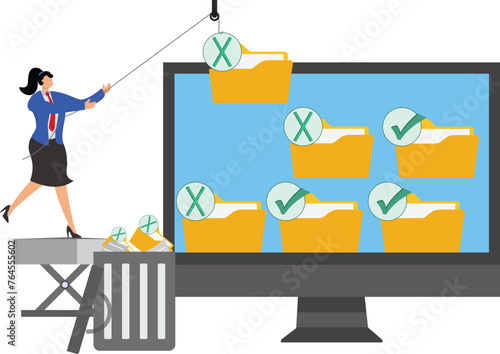 Organize computer files, clean up and delete junk files, improve work efficiency, reduce workload, isometric businesswoman to throw the junk files on the computer into the waste basket inside