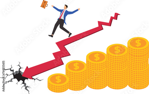 Loss of investment, gain, decrease in profit or salary, recession business loss, businessman falls from the heights of the gold heap to the lowlands