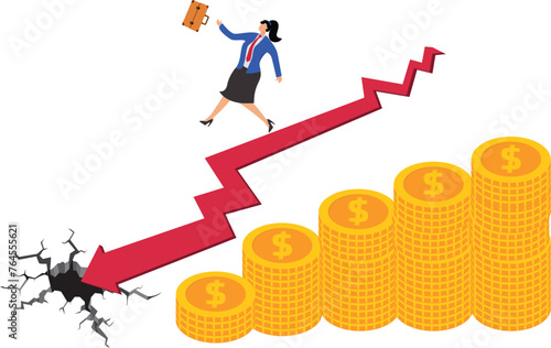 Loss of investment, gain, decrease in profit or salary, recession business loss, businesswoman falls from the heights of the gold heap to the lowlands