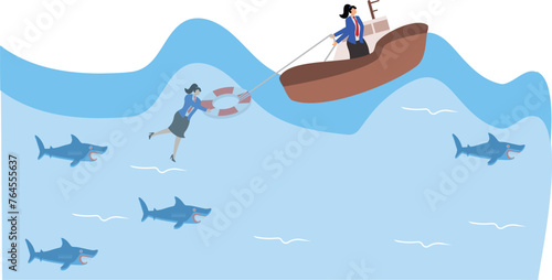 Business Rescue, Help and Rescue in Crisis, Solving Crisis and Safety Problems, Isometric Drowning Desperate Businesswomen Getting Rescued by Lifebuoys