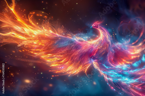 hologram of a transparent mythical phoenix glowing with ethereal radiance.