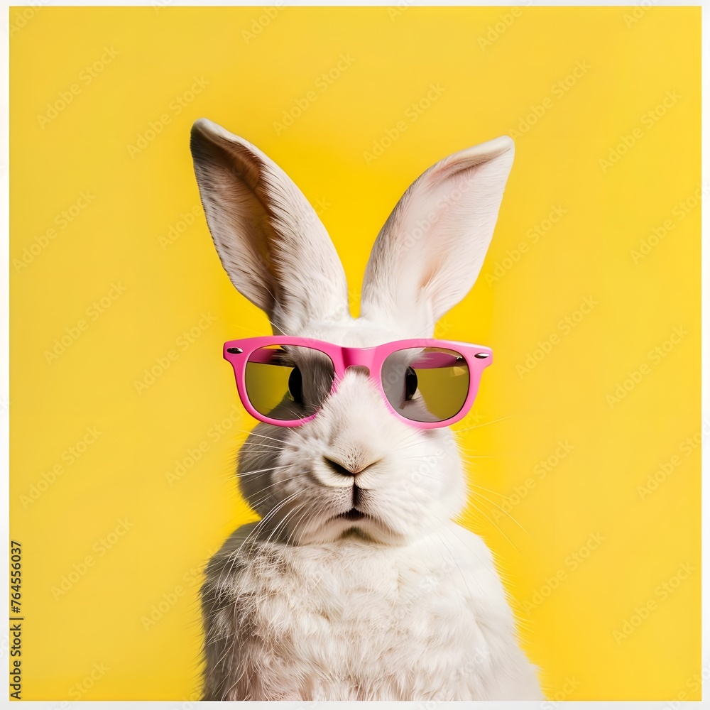 Humorous Easter greeting card with a cool bunny in pink sunglasses on a yellow background, perfect for a festive and quirky holiday message.