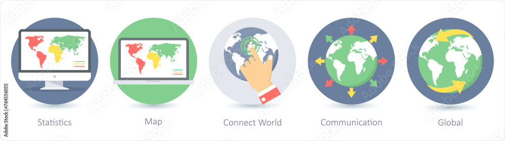 A set of 5 Seo icons as statistics, map, connect world A set of 5 Seo icons as statistics, map, connect world