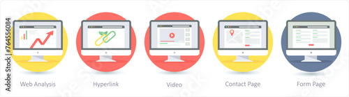 A set of 5 Seo icons as web analysis, hyperlink, video