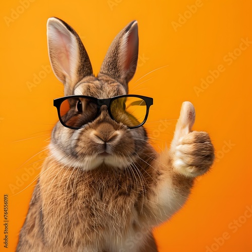 Easter bunny rabbit with sunglasses giving a thumbs up gesture, creating a fun and trendy Easter concept. © Hasanul