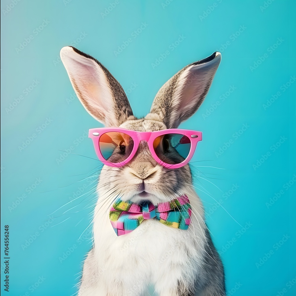 Festive Easter bunny rabbit with pink sunglasses and a bow tie on a vivid blue background, ideal for a humorous holiday greeting card.