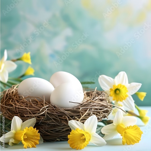 Easter holiday celebration banner with white and yellow eggs in a nest basket and daffodil flowers symbolizing the joy of Easter.