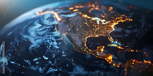 Global connectivity symbolized by a glowing globe highlighting North Americas prominence. Concept Global Connectivity, Glowing Globe, North America, Technology, Symbolism
