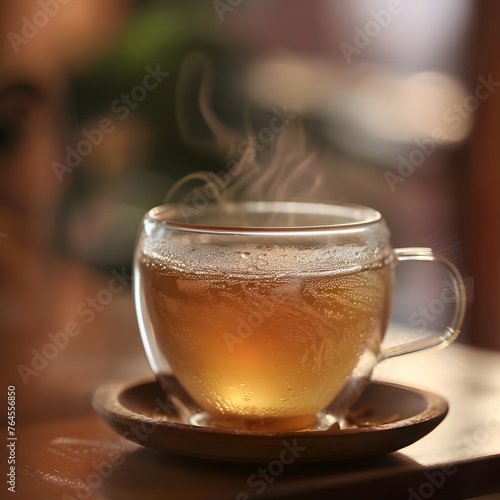 Close-up of a glass cup of ginger tea on a saucer, showcasing steam and condensation, evoking a cozy and comforting vibe.