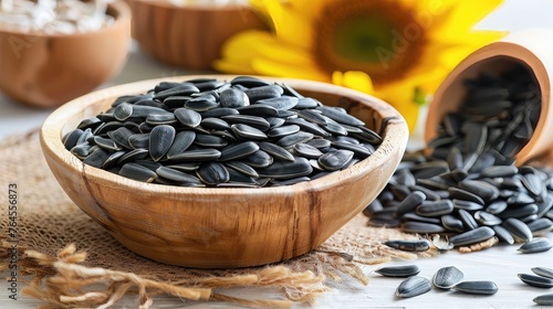 Bowl of sunflower seeds with blooming sunflower in the background.