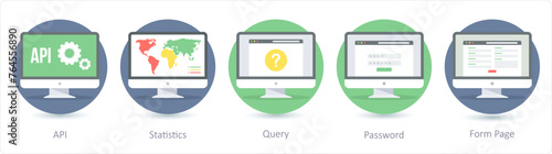 A set of 5 Seo icons as api, statistics, query