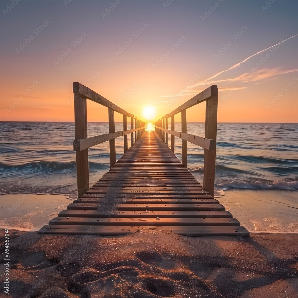 Tranquil sunset beach scene with a wooden bridge extending towards the glistening ocean, embodying serenity and natural beauty.