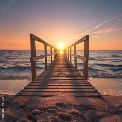 Tranquil sunset beach scene with a wooden bridge extending towards the glistening ocean, embodying serenity and natural beauty. © Hasanul