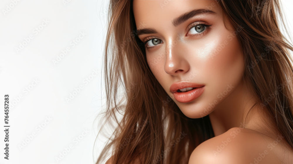 Close-up of a woman with a radiant complexion and loosely wavy hair exuding elegance Close-up of a woman with a radiant complexion and loosely wavy hair exuding elegance
