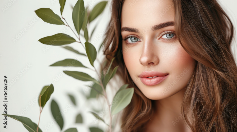 A close-up of a woman with blue eyes and wavy hair, framed by green leaves