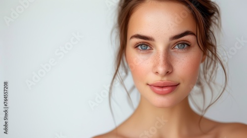 A close-up portrait of a young woman with blue eyes and a smattering of freckles, exuding a fresh-faced, youthful allure photo