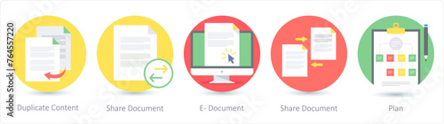 A set of 5 Seo icons as duplicate content, share document, e-document
