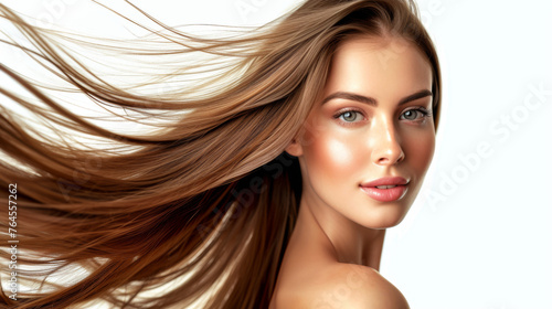 A woman with flowing light brown hair and a vibrant complexion gazes confidently