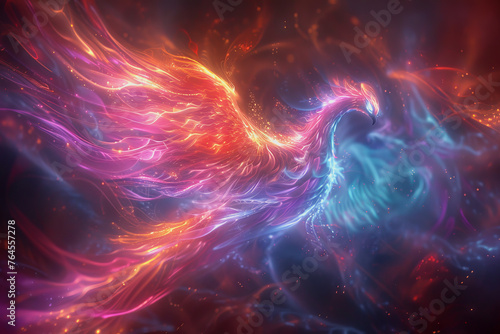 hologram of a transparent mythical phoenix glowing with ethereal radiance. © Jirapong