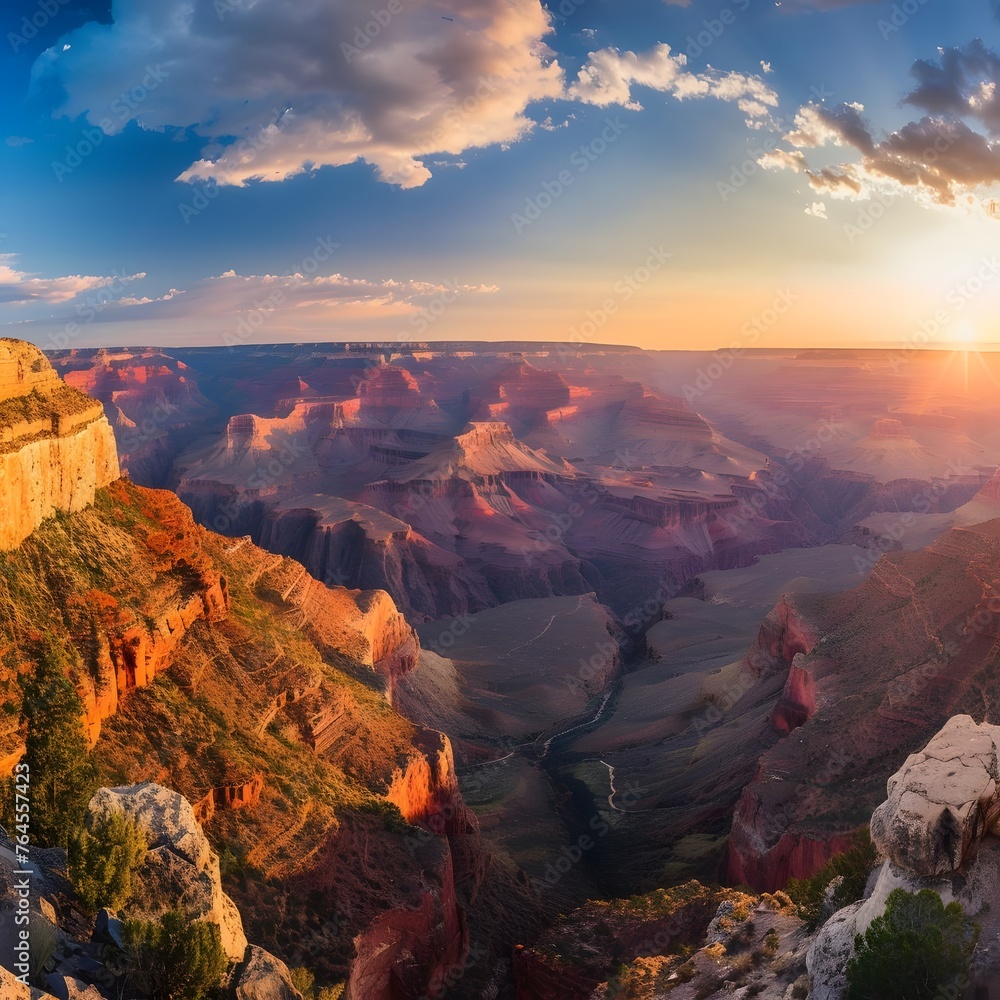 Panoramic view of the Grand Canyon in a western state at sunset, capturing its breathtaking red rock formations and majestic beauty.