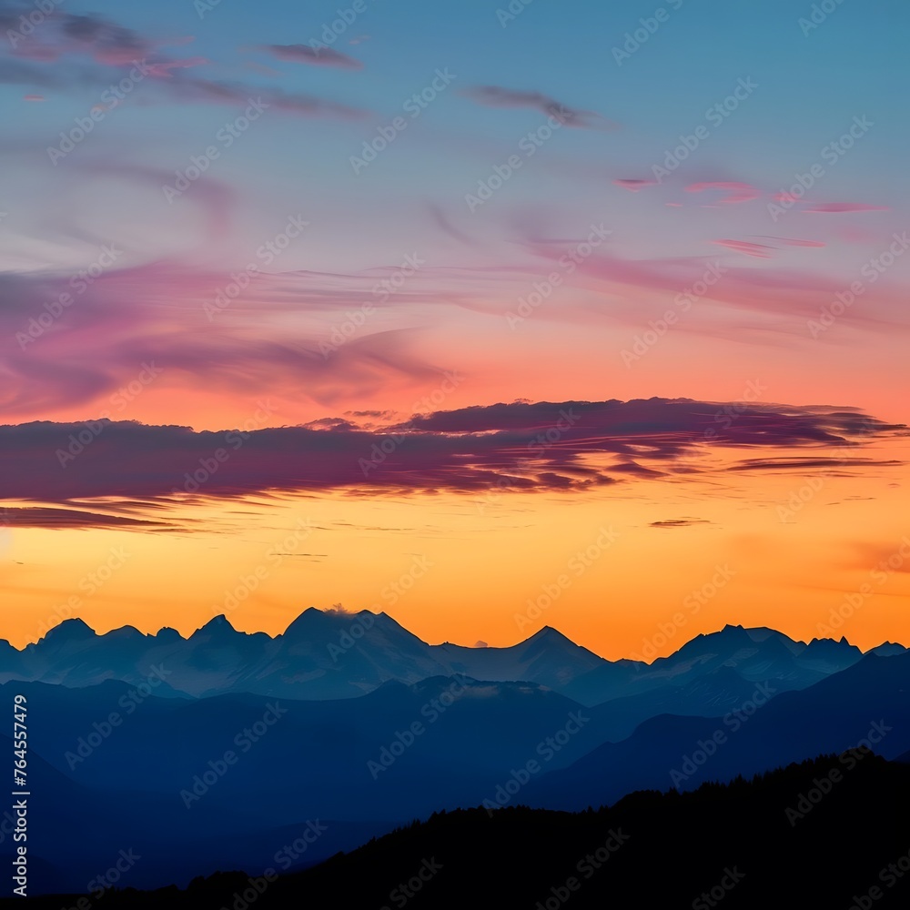 Scenic sunset in the mountains with vibrant orange and pink hues casting a warm glow over the rugged peaks.