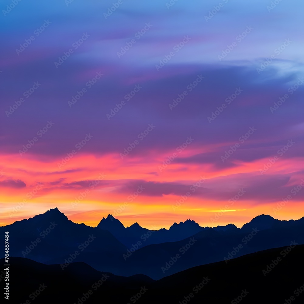 Scenic sunset in the mountains with vibrant orange and pink hues casting a warm glow over the rugged peaks.