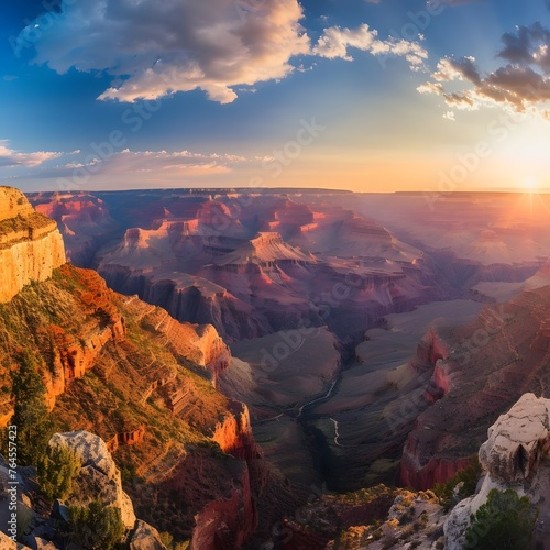 Panoramic view of the Grand Canyon in a western state at sunset  capturing its breathtaking red rock formations and majestic beauty.