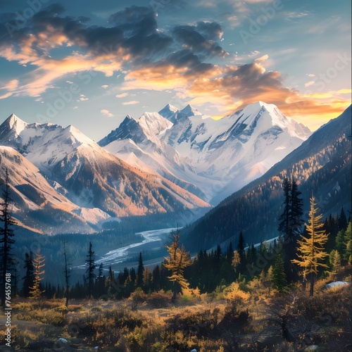Stunning sunrise over snow-capped mountains, depicting the serene beauty and grandeur of the natural landscape.