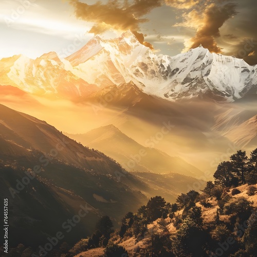 Stunning sunrise over snow-capped mountains, depicting the serene beauty and grandeur of the natural landscape.
