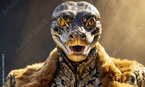 Glamorous anthropomorphic snake reptile with golden scales in fashionable glasses and a yellow fur coat with feathers and wool.