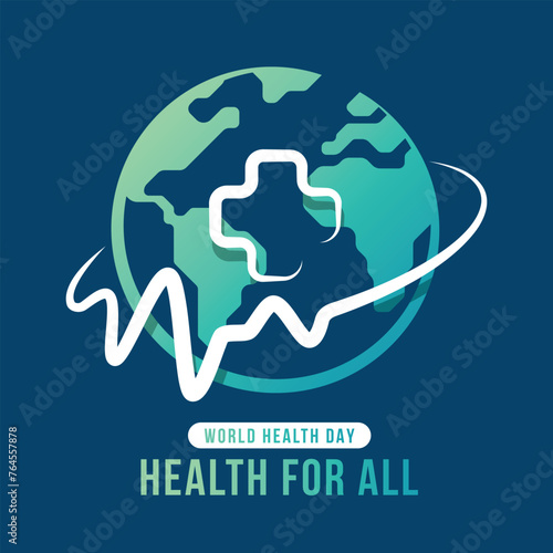 World health day, Health for all - Text and White line cross and heart wave curve around circle globe world sign on blue background vector design