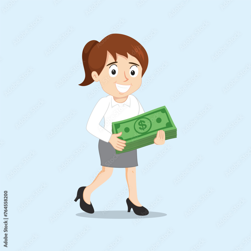 Happy businesswoman with money banknote. Big or huge money. Business income success concept,
Flat, Poster, Vector, Illustration, Cartoon, EPS10.