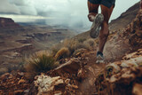 Runners foot close-up outdoor mountain landscape