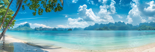 Beautiful horizon Landscape summer panorama front view point tropical sea beach white sand clean and blue sky background calm Nature ocean Beautiful wave water travel at Sai Kaew Beach, Generative Ai