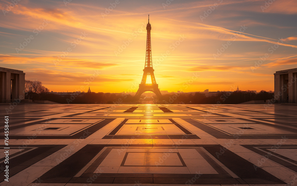 Eiffel Tower against sunrise in Paris, France