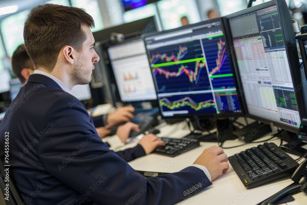 Stockbrokers analyzing market trends and investment opportunities on multiple computer screens, in a bustling brokerage firm, Generative AI