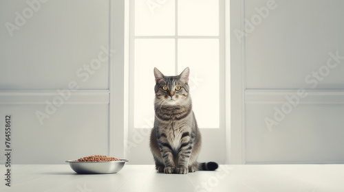 A cat in a white room eats food from a bowl. Concept of care and concern for pets.