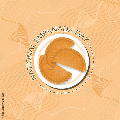 National Empanada Day event banner. Spanish pastries on white plate with bold text on light brown background to celebrate on April 8th