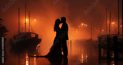 Married couple in port at night