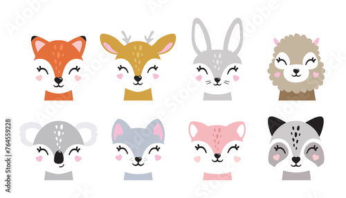 Cartoon cute baby animals for baby cards, baby shower invitation,print,poster. Vector illustration.Deer,cat, bunny,koala,llama,alpaca, raccoon,fox,unicorn, wolf,bear,lion,panda,tiger,dog,rabbit,hare