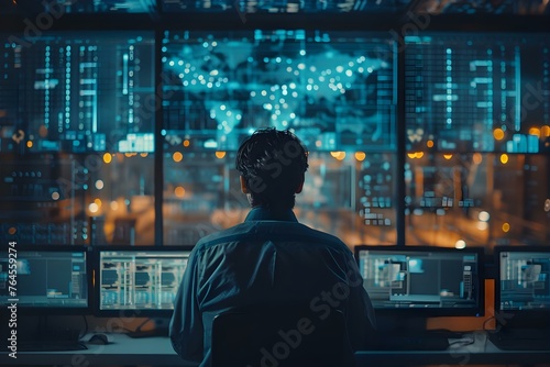Technicians in a network operations center monitor traffic troubleshoot issues and ensure network performance. Concept Network Operations Center, Traffic Monitoring, Issue Troubleshooting photo