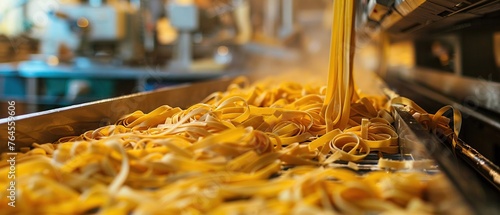 Freshly made pasta sliding out of a sleek industrial machine in a bustling food factory
