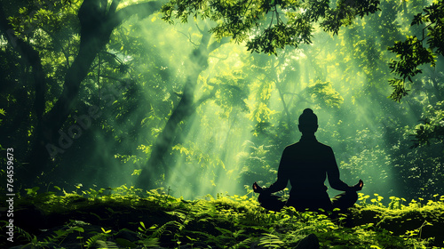 Silhouette of a person meditating peacefully in a sunlit forest with rays piercing through the trees